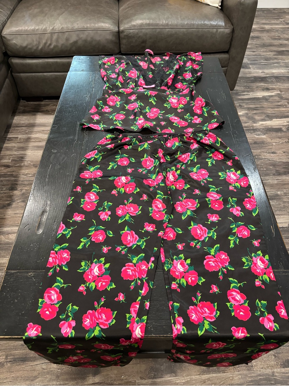 Betsey Johnson Black Floral Pajama Set with Pink Roses